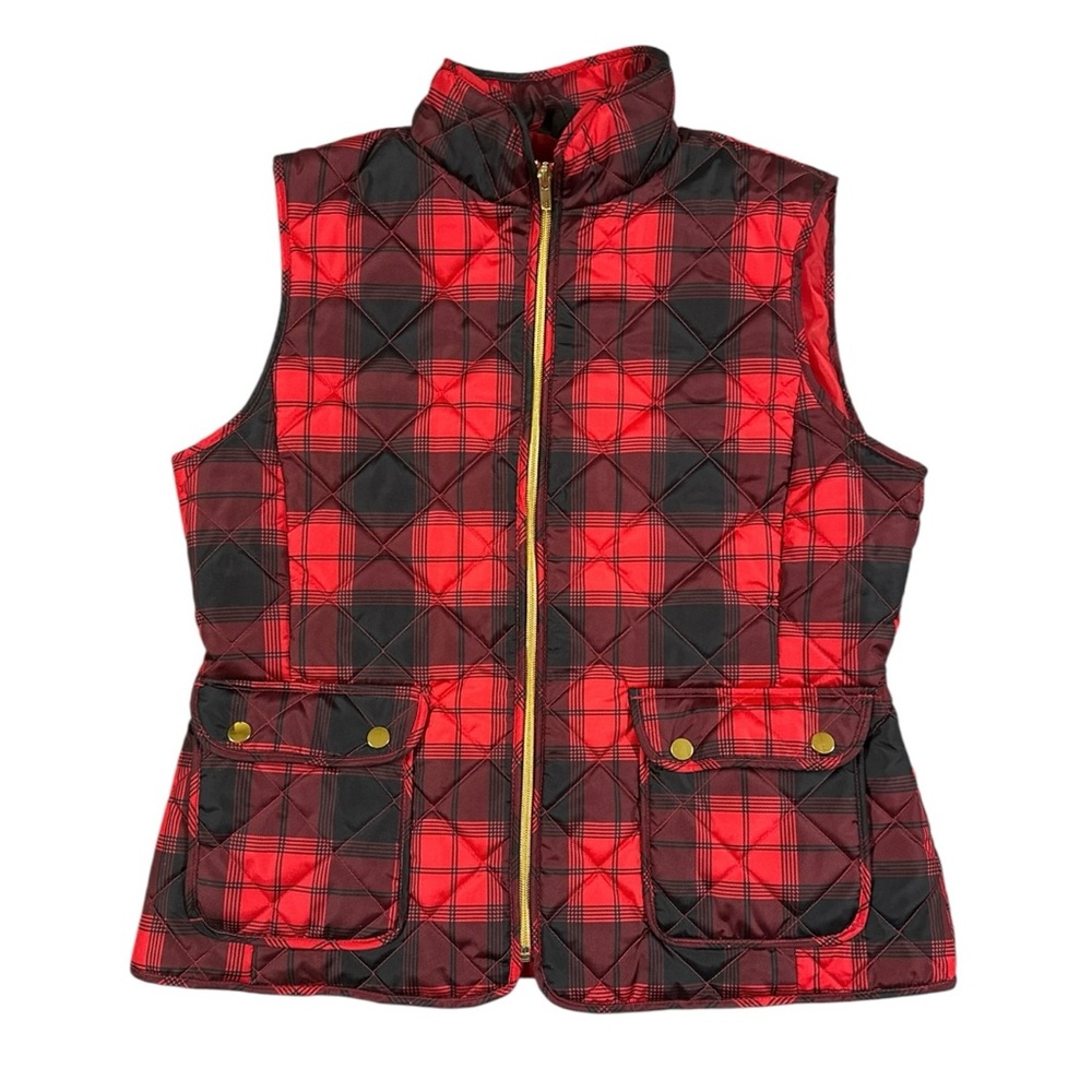 St. John's Bay Women's Women's Red Black Plaid Quilted Full Zip Vest Size Large
